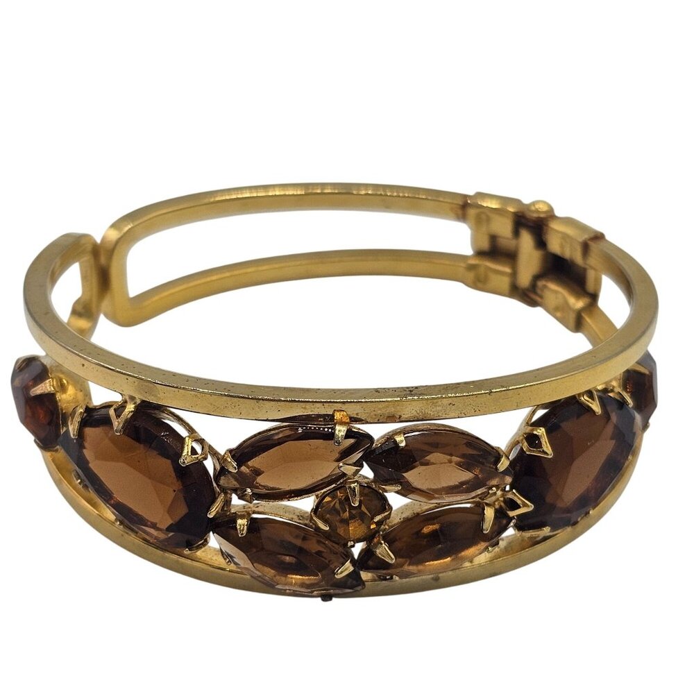 Vintage Juliana Gold Tone Hinged Bracelet Amber Rhinestones Open Back Prong Set